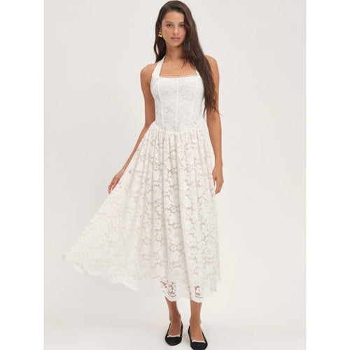 Damen luftiges Sommerkleid mit romantischem Spitzenoberteil und elastischem Taillenbund Drune
