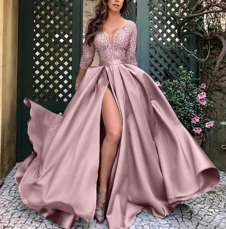 Damen schimmerndes Abendkleid mit tiefem V-Ausschnitt und elegantem Reißverschluss Drune