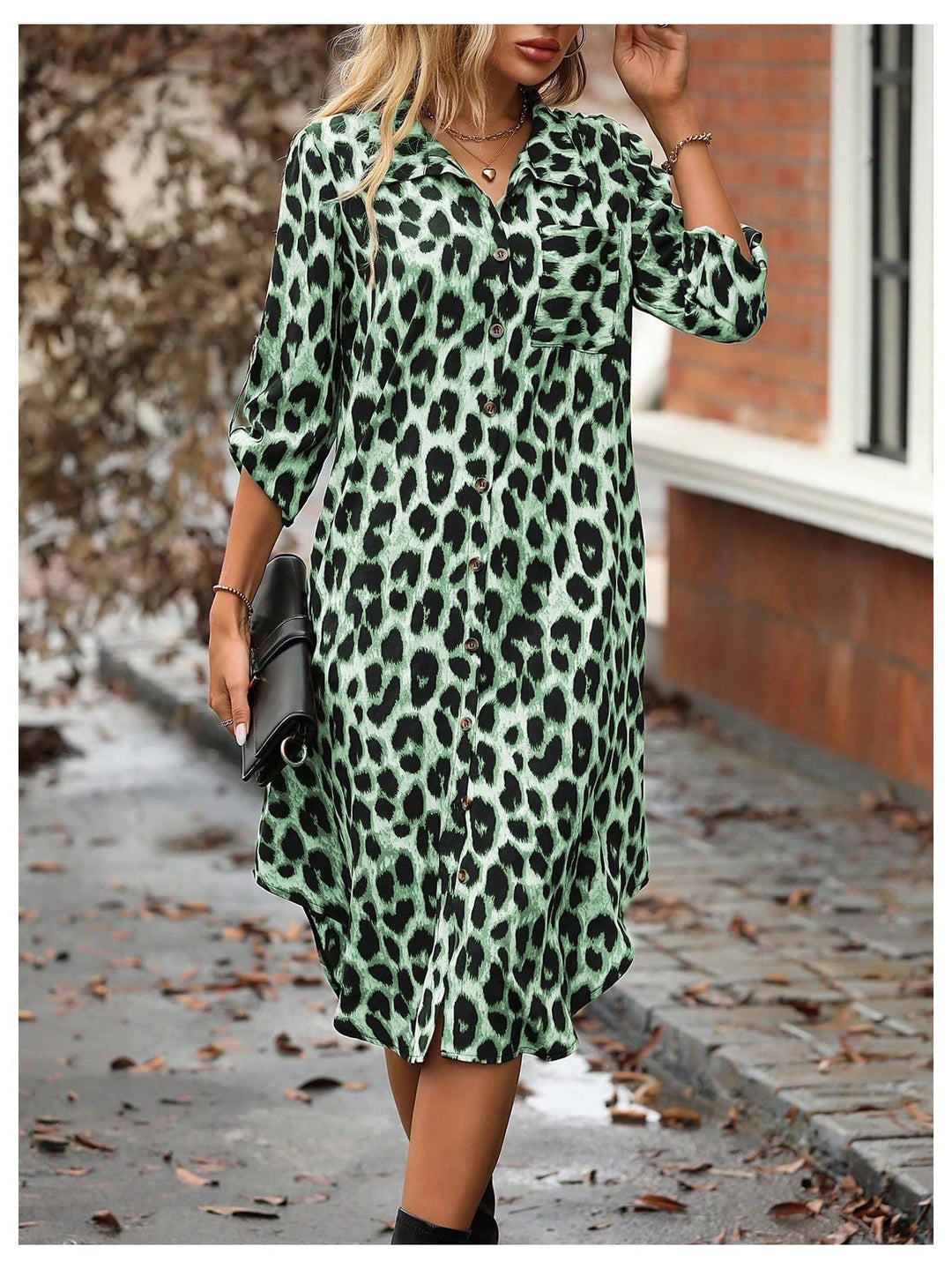 Damen Stylisches Leopardenmuster Langes Knopf-up Kleid Drune