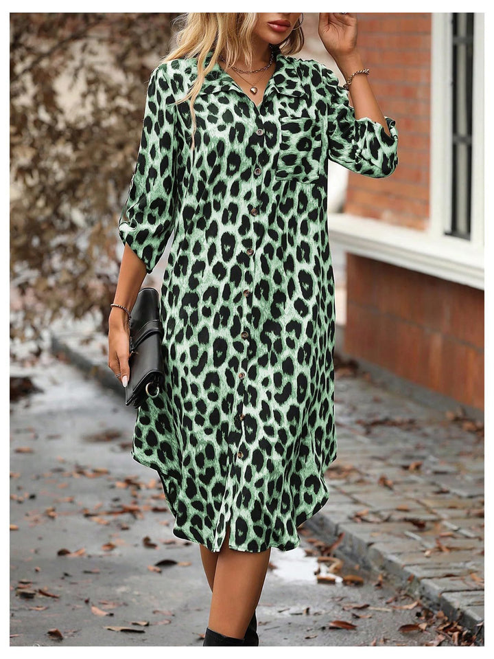 Damen Stylisches Leopardenmuster Langes Knopf-up Kleid Drune