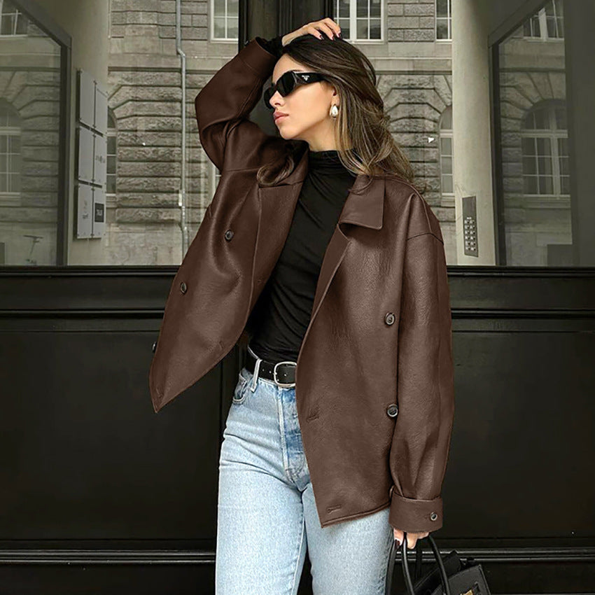 Damen Modische Oversized-Bomberjacke aus Kunstleder mit Knopfdetails Drune