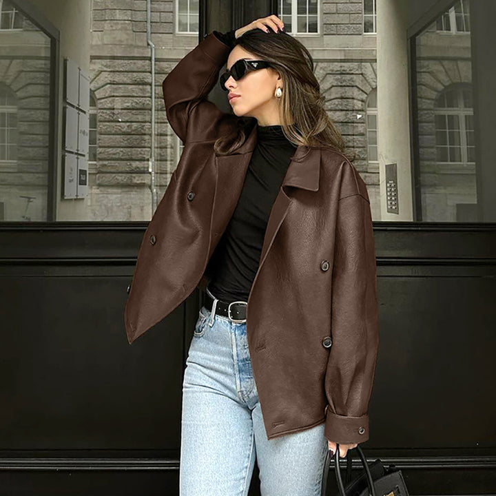 Damen Modische Oversized-Bomberjacke aus Kunstleder mit Knopfdetails Drune
