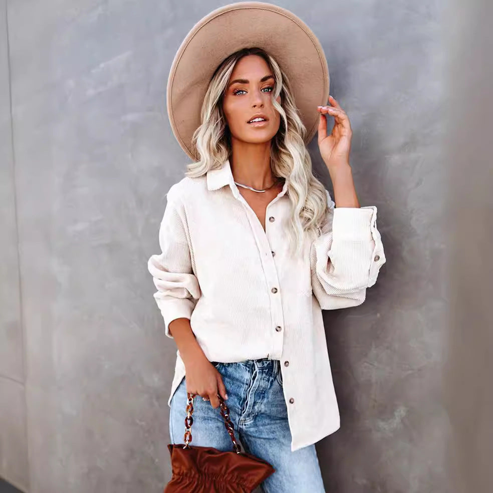 Damen nan oversized Cordhemd mit Brusttasche, Hemdkragen und aufgerollten Ärmeln Drune