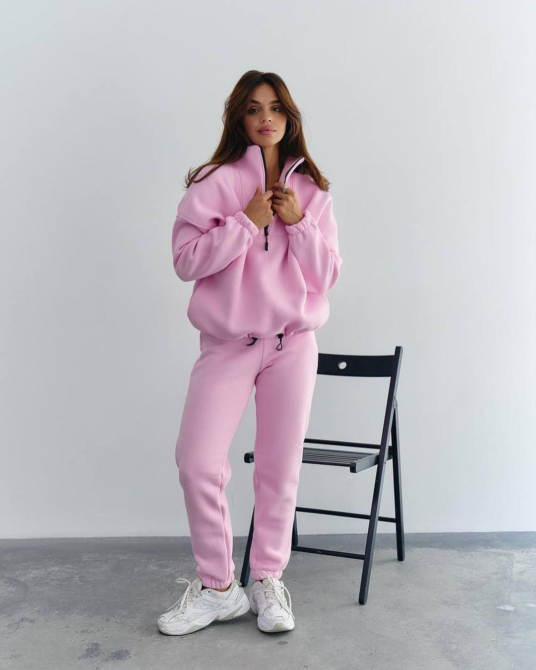 Damen Sportlicher Fleece-Traininganzug mit halbem Reißverschluss und elastischen Bündchen Drune