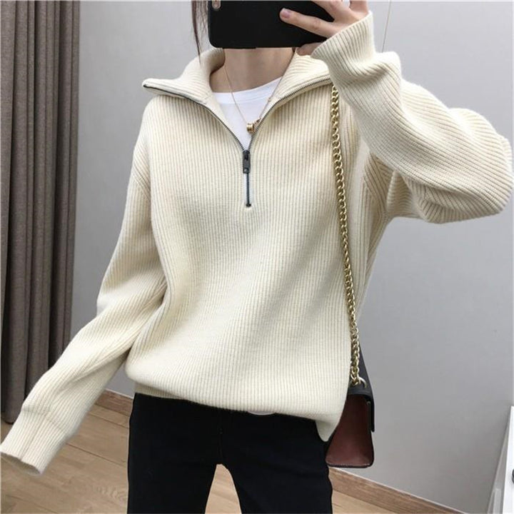 Damen Strickpullover mit hohem Kragen und halbem Reißverschluss Drune