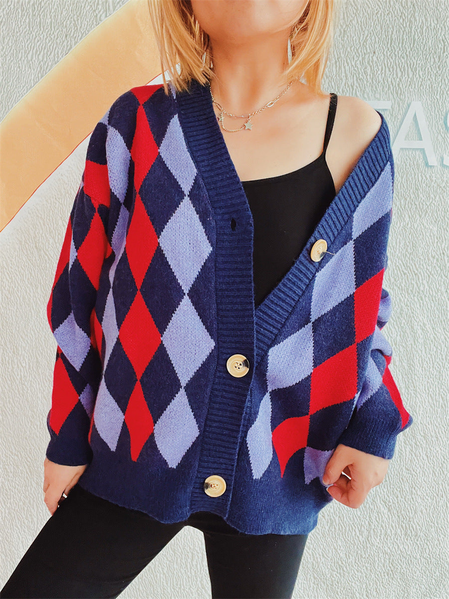 Damen Gemusterte Strickjacke im modernen Rautendesign mit großen Knöpfen Drune
