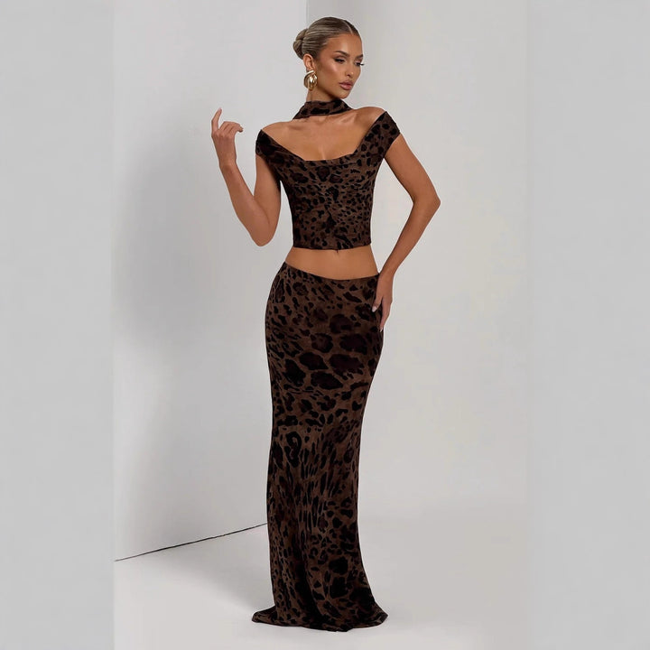 Damen Elegantes Set aus Crop-Top und Maxirock mit Leopardenmuster Drune
