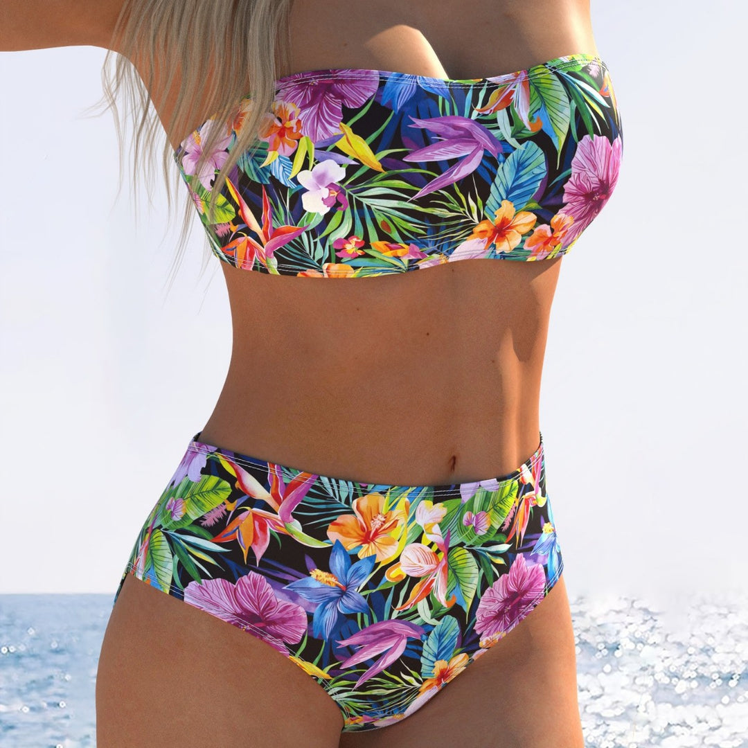 Damen Bandeau-Bikini mit hohem Taillenschnitt und buntem Tropenmotiv Drune