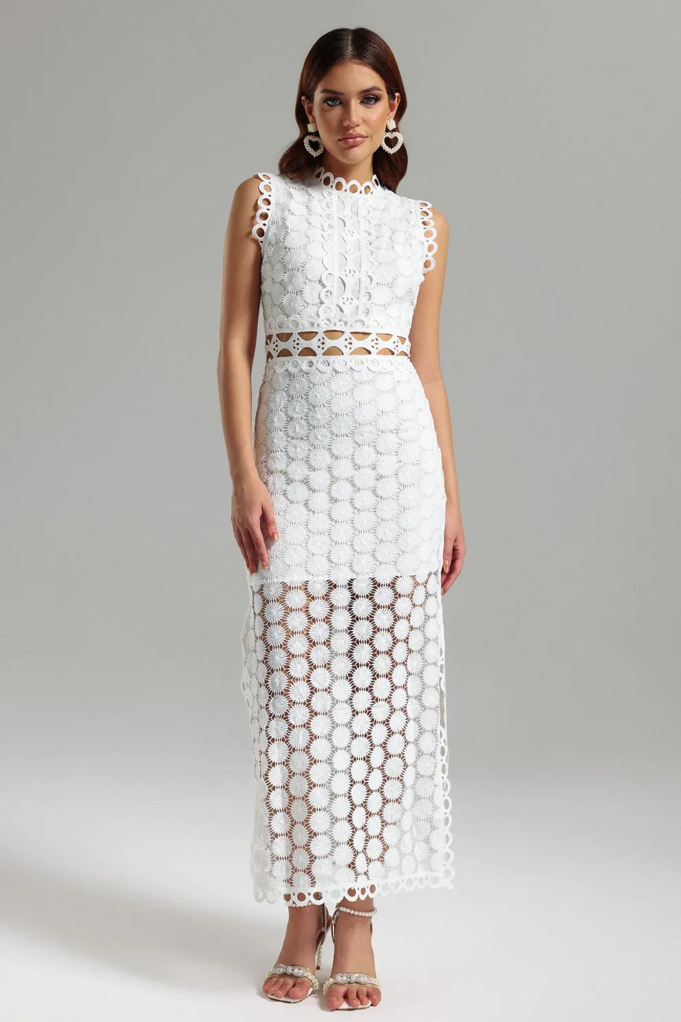 Damen Spitzen Maxikleid mit dekorativen Ausschnitten und elegantem Ansatz Drune
