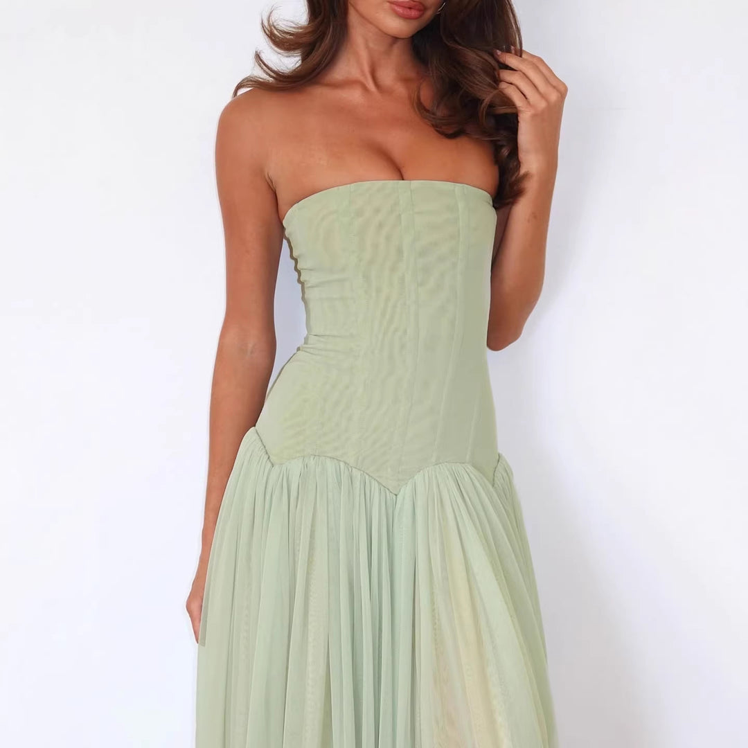 Damen elegantes, trägerloses Maxikleid mit fließendem Tüllrock Drune