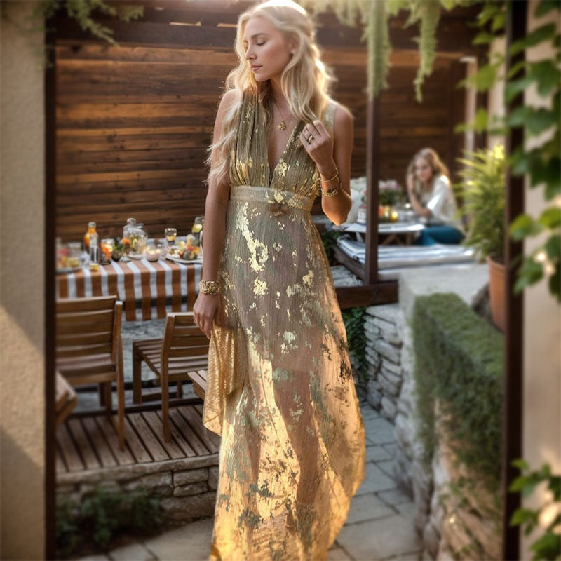 Damen Elegantes Maxi-Kleid mit filigranem Goldmuster und V-Ausschnitt Drune