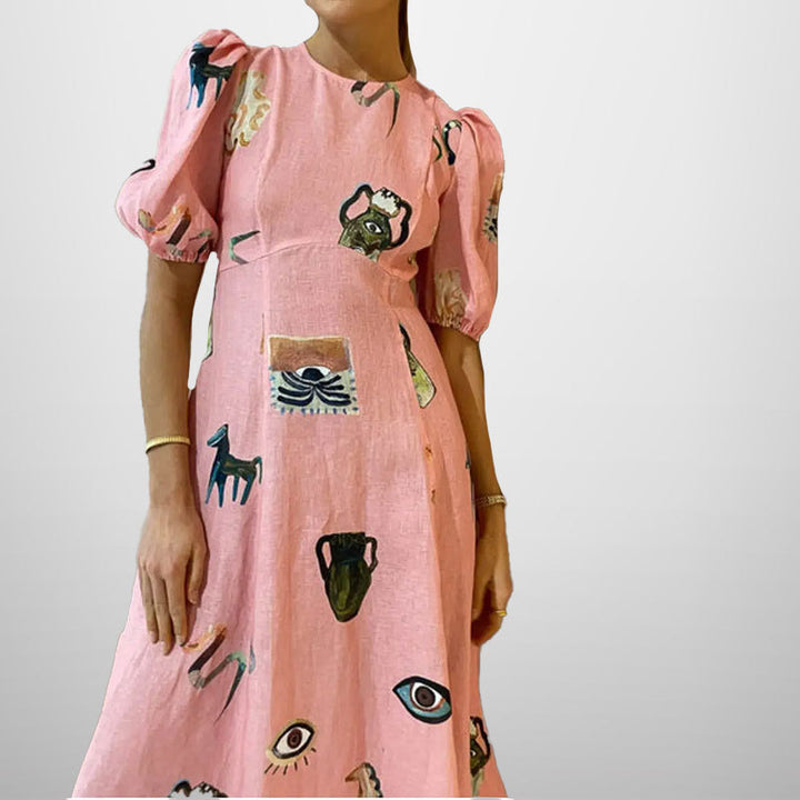 Damen Maxikleid mit künstlerischem Motiv und voluminösen Ärmeln Drune