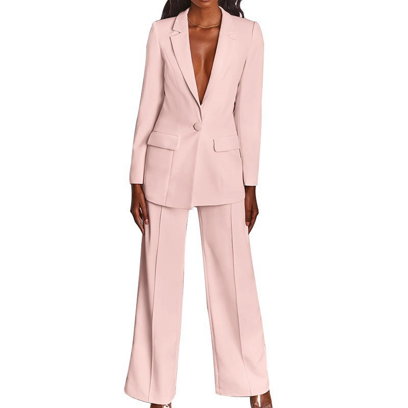 Damen nan eleganter Longline-Blazer mit tiefem V-Ausschnitt und weitem Palazzo-Hosenanzug Drune