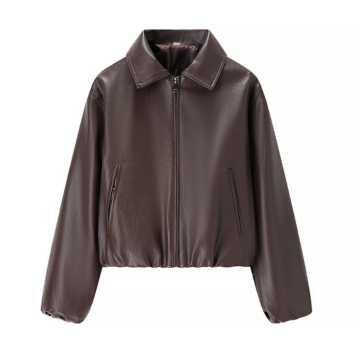 Damen nan kurze Glanz-Kunstlederjacke mit Hemdkragen, verdecktem Reißverschluss und elastischem Bund Drune