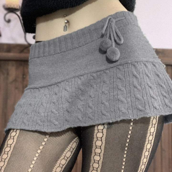 Damen gestrickter Minirock mit dekorativen Pompons und elastischem Bund Drune