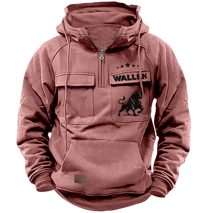 Herren nan Kapuzenpullover mit Halbzip, Cargo-Brusttaschen und Kängurutasche Drune