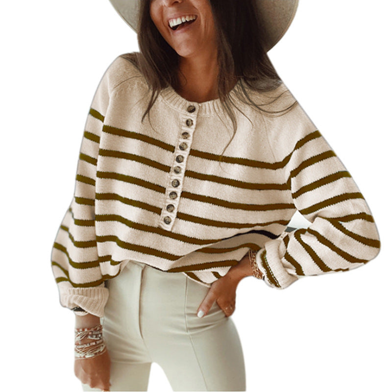 Damen lockerer Strickpullover mit Knopfdetails und Streifenmuster Drune