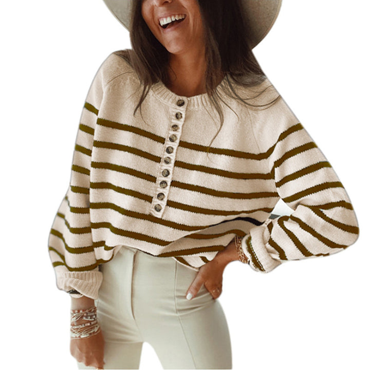Damen lockerer Strickpullover mit Knopfdetails und Streifenmuster Drune