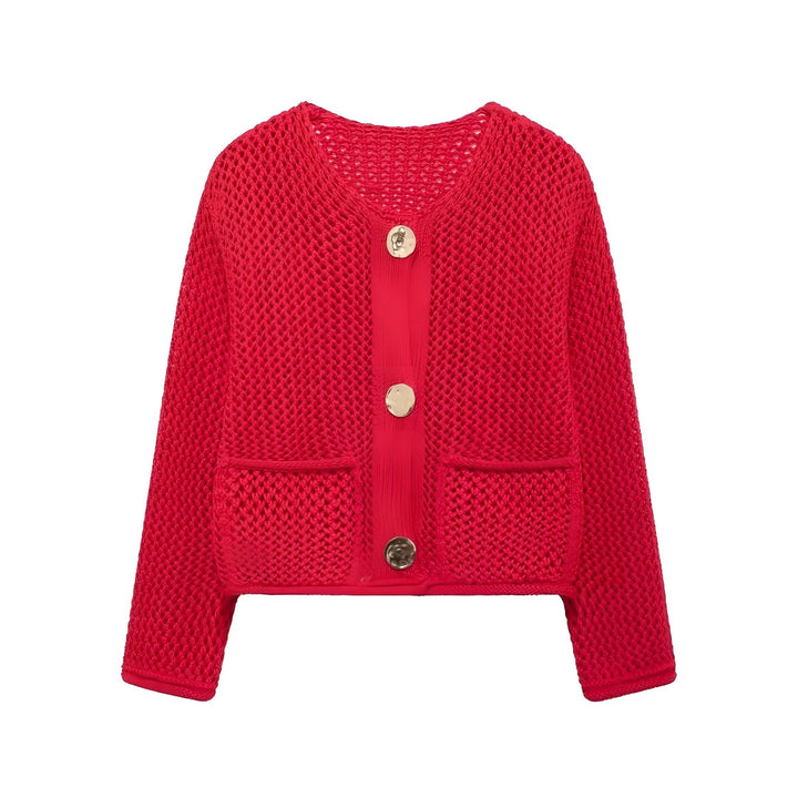 Damen lässige Strickjacke mit strukturiertem Lochmuster und praktischen Taschen Drune