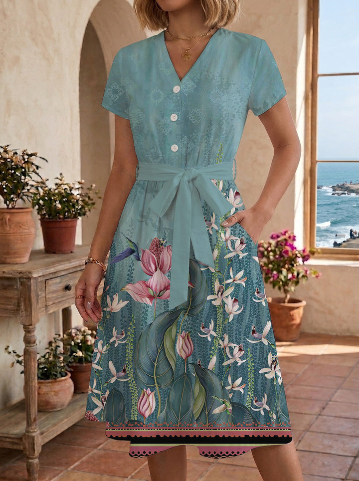 Damen Blühendes Midikleid mit taillierbarem Gürtel und kunstvollem Print Drune