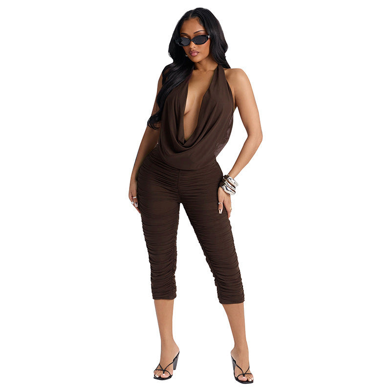 Damen Eleganter und figurbetonter Jumpsuit mit tiefem V-Ausschnitt und Raffungen Drune