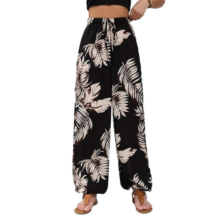 Damen Weite Strandhose mit tropischem Blattmuster und elastischem Bund Drune