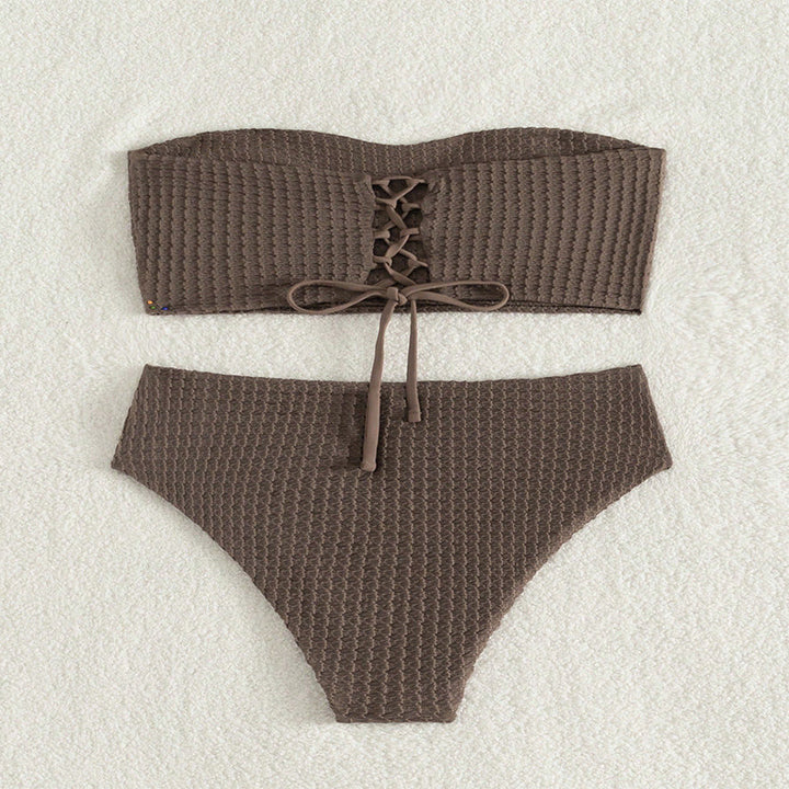 Damen Bandeau-Bikini mit lässiger Schnürung und hohem Bund Drune
