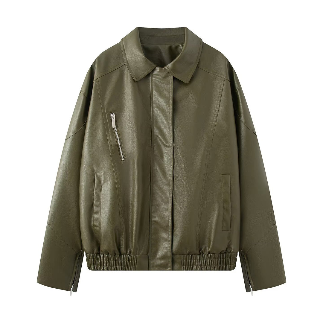 Damen modische Kunstlederjacke mit modernem Stehkragen und elastischem Saum Drune