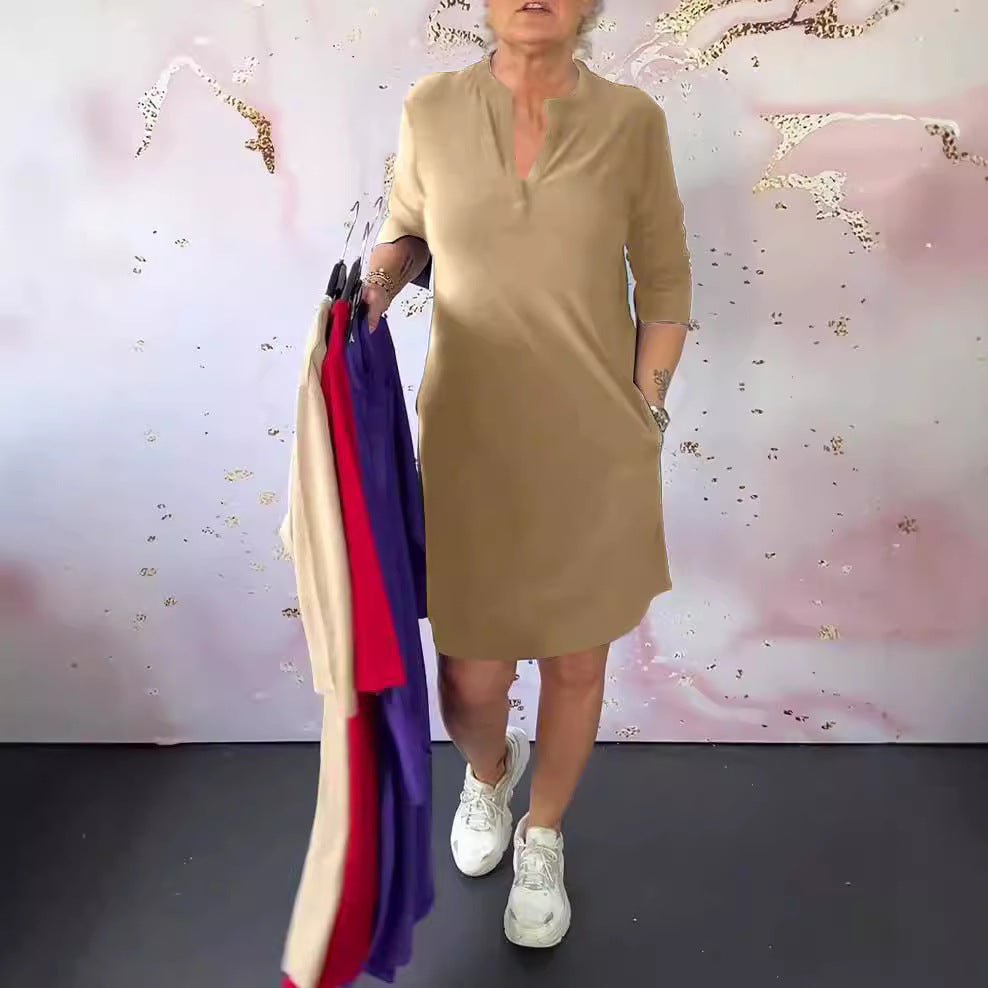 Damen nan knielanges legeres Jerseykleid mit Stehkragen und V-Ausschnitt Drune