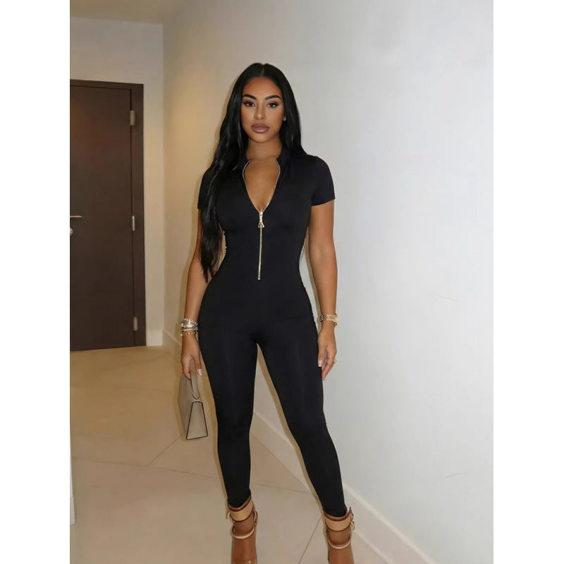 Damen Figurbetonter Jumpsuit mit hohem Ausschnitt und Reißverschluss Drune