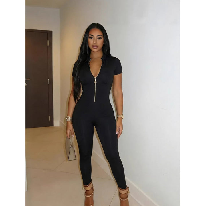 Damen Figurbetonter Jumpsuit mit hohem Ausschnitt und Reißverschluss Drune