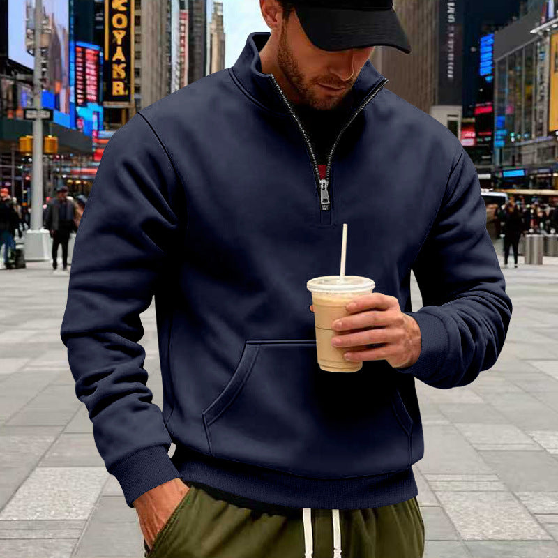 Herren nan Halbzip-Sweatshirt mit Kängurutasche, elastischen Rippbündchen und hohem Stehkragen Drune