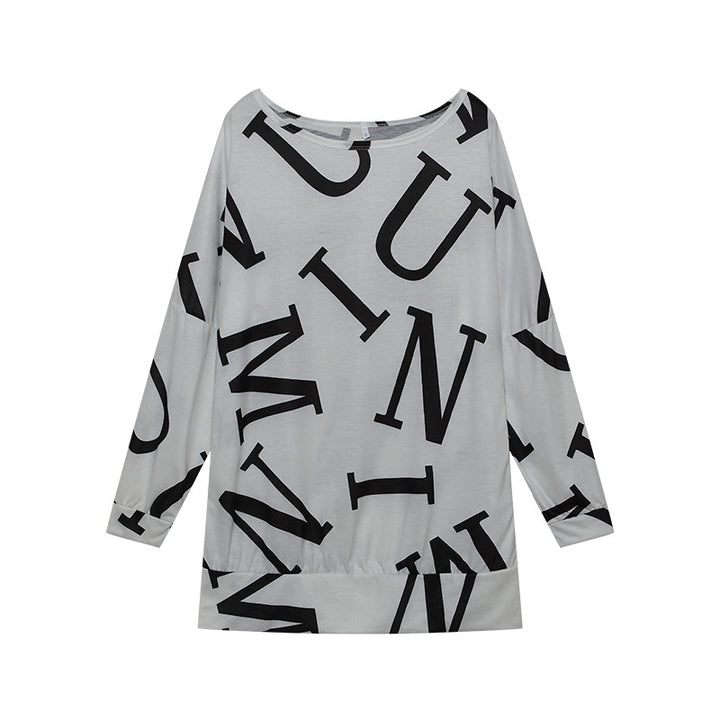 Damen Oversized Langarmshirt mit modernem Schriftzug und elastischem Bund Drune