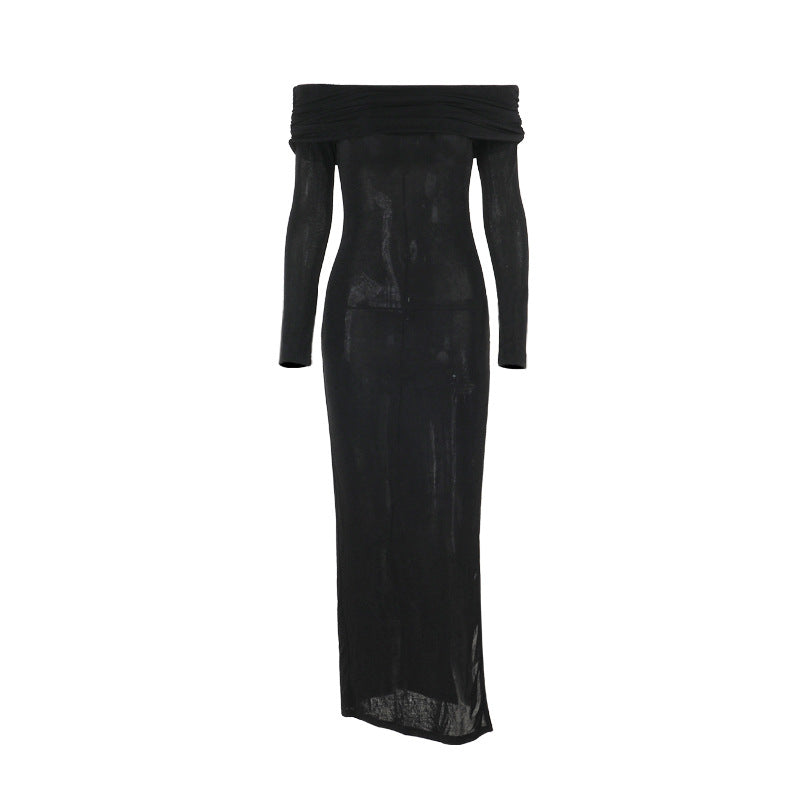 Damen schulterfreies Maxikleid mit eleganter Drapierung und transparentem Oberteil Drune