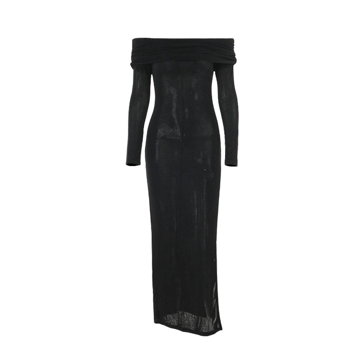Damen schulterfreies Maxikleid mit eleganter Drapierung und transparentem Oberteil Drune