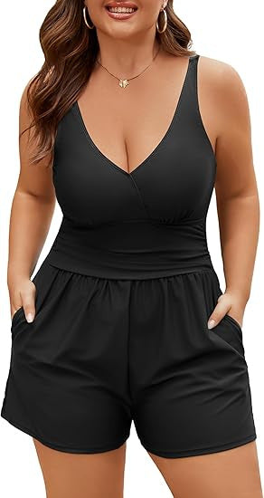 Damen Playsuit mit tiefem V-Ausschnitt und seitlichen Taschen Drune