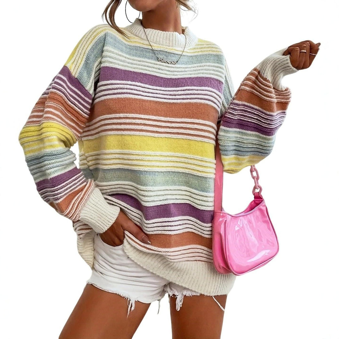 Damen gestreifter Oversize-Pullover mit Rundhalsausschnitt und lässiger Passform Drune