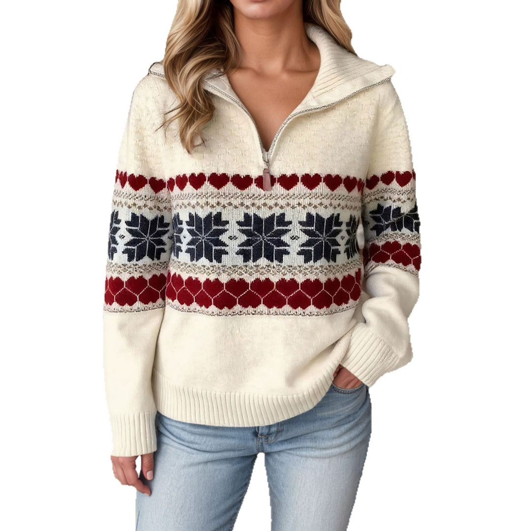 Damen Strickpullover mit nostalgischem Wintermotiv und hohem Kragen Drune