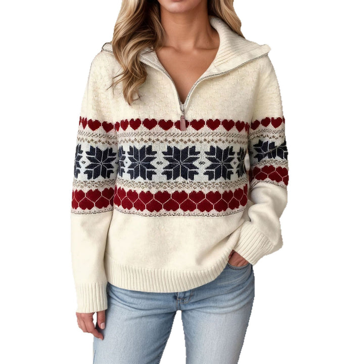 Damen Strickpullover mit nostalgischem Wintermotiv und hohem Kragen Drune