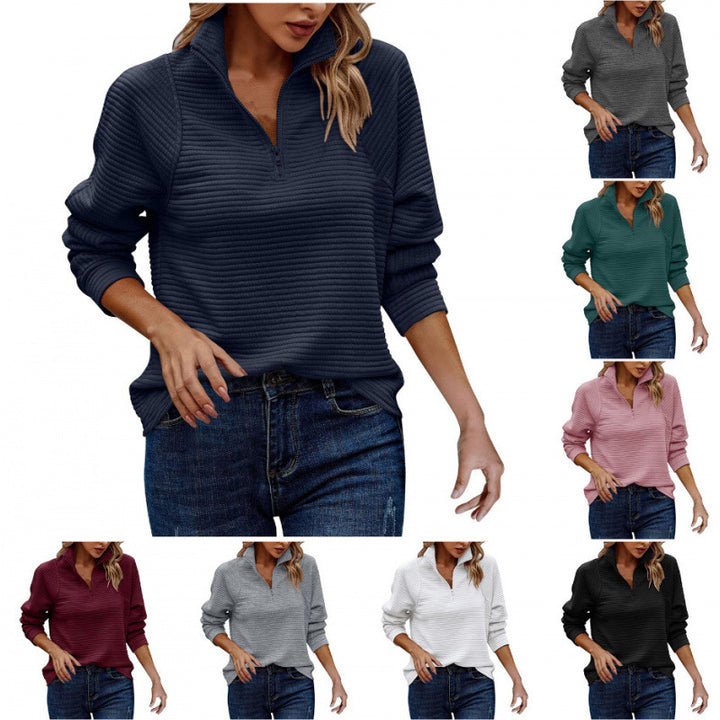 Damen kuscheliger Stepp-Pullover mit hohem Kragen und halbem Reißverschluss Drune