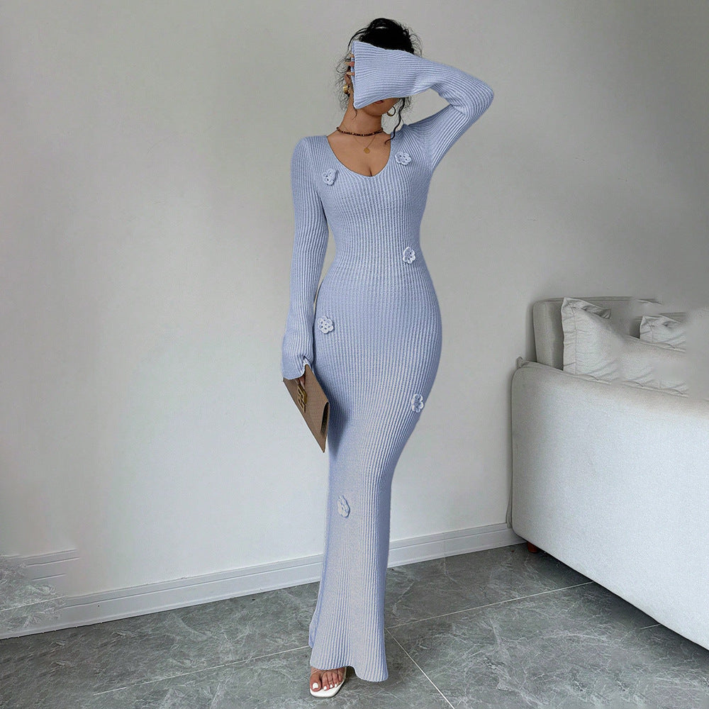 Damen Maxikleid mit elegantem Rippenstrick und modischen Blumenapplikationen Drune
