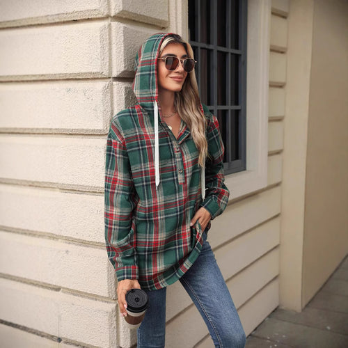 Damen karierte Kapuzenbluse mit praktischen Knopfdetails und lässigem Schnitt Drune