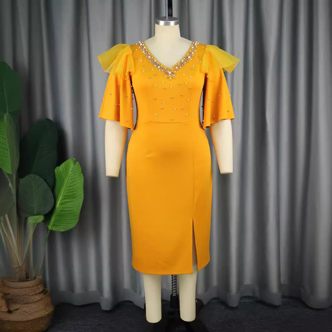 Damen elegantes Schimmerndes Midi-Kleid mit Volantrüsche und Glamourösen Akzenten Drune