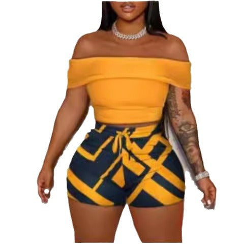 Damen Off-Shoulder Top und Hohe Taille Shorts Set Drune