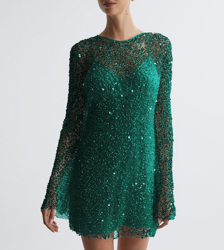 Damen Glitzerndes Cocktailkleid mit schimmernden Pailletten und langen Ärmeln Drune