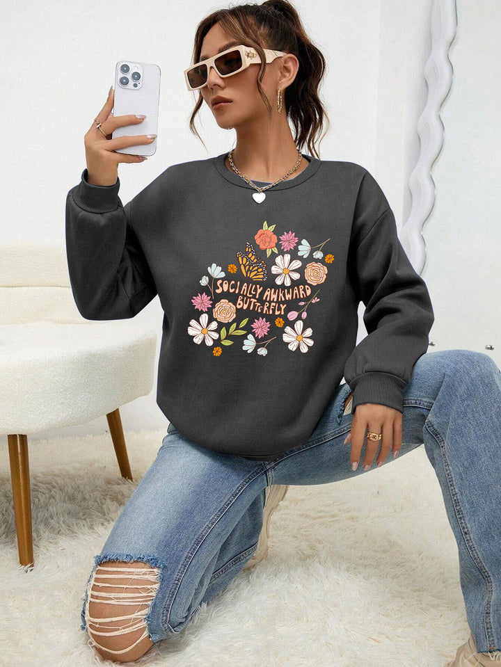 Damen Sweatshirt mit kreativem Floraldesign und inspirierendem Aufdruck Drune