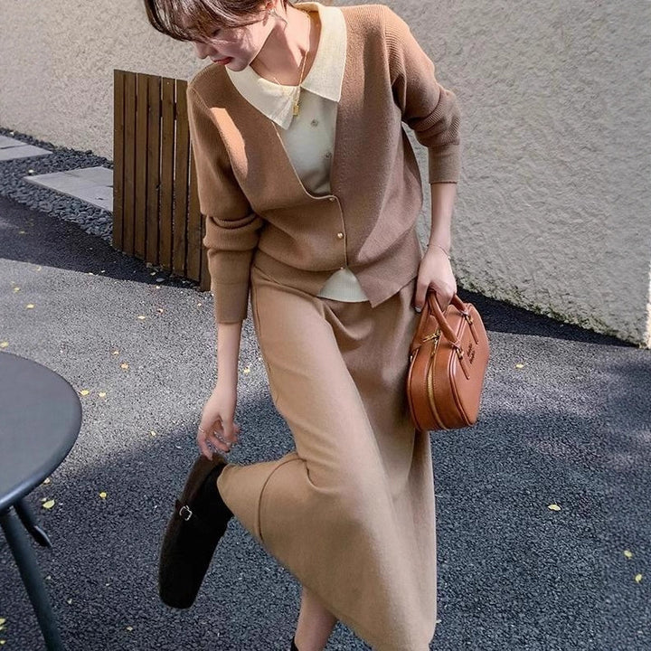 Damen Strickensemble mit eleganter Blusenoptik und weitem Rock Drune