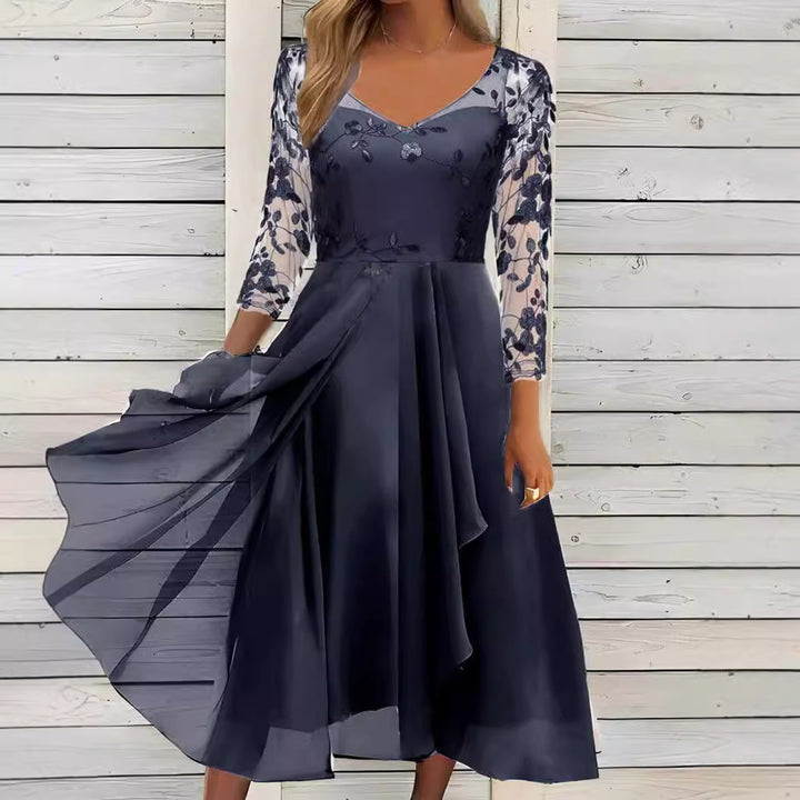 Damen nan V-Ausschnitt Chiffon-Midikleid mit besticktem Bustier, transparenten dreiviertel-Ärmeln und asymmetrischem Lagenrock Drune