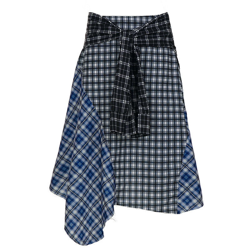 Damen asymmetrischer karierter Rock mit Bindegürtel Drune