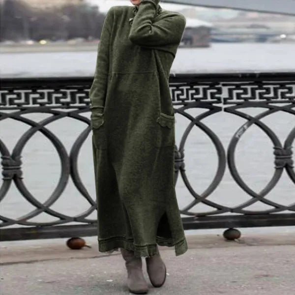 Damen nan langes Strickmaxikleid mit Seitenschlitzen und aufgesetzten Taschen Drune